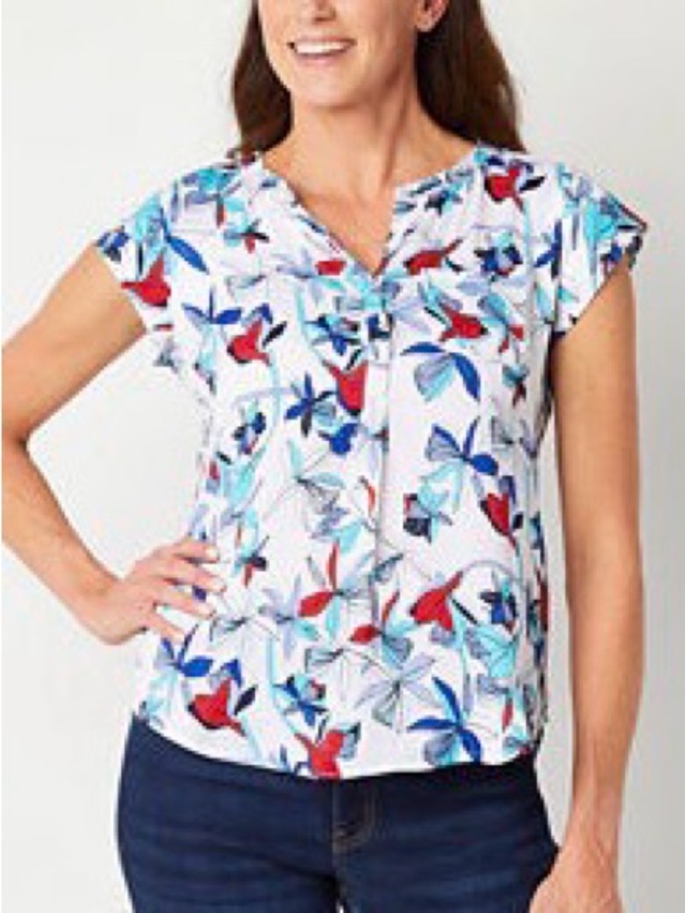 Liz Claiborne White Floral V-Neck Short Sleeve Blouse with Blue & Red